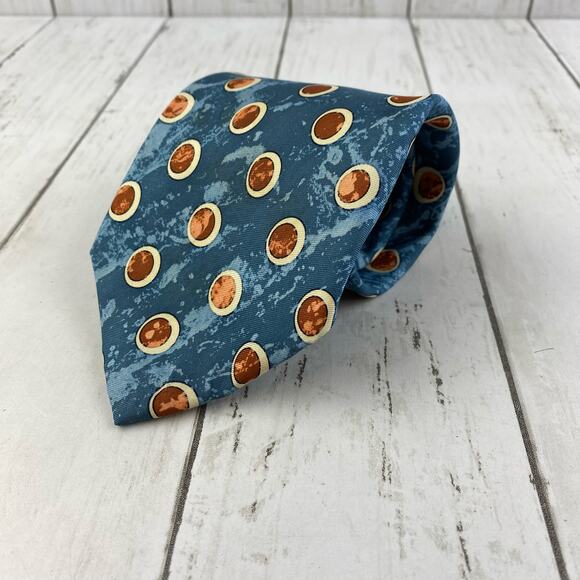HUGO BOSS Blue Yellow Retro Full Moon Printed Silk Tie 3.5" Wide Made in Italy - Picture 1 of 7